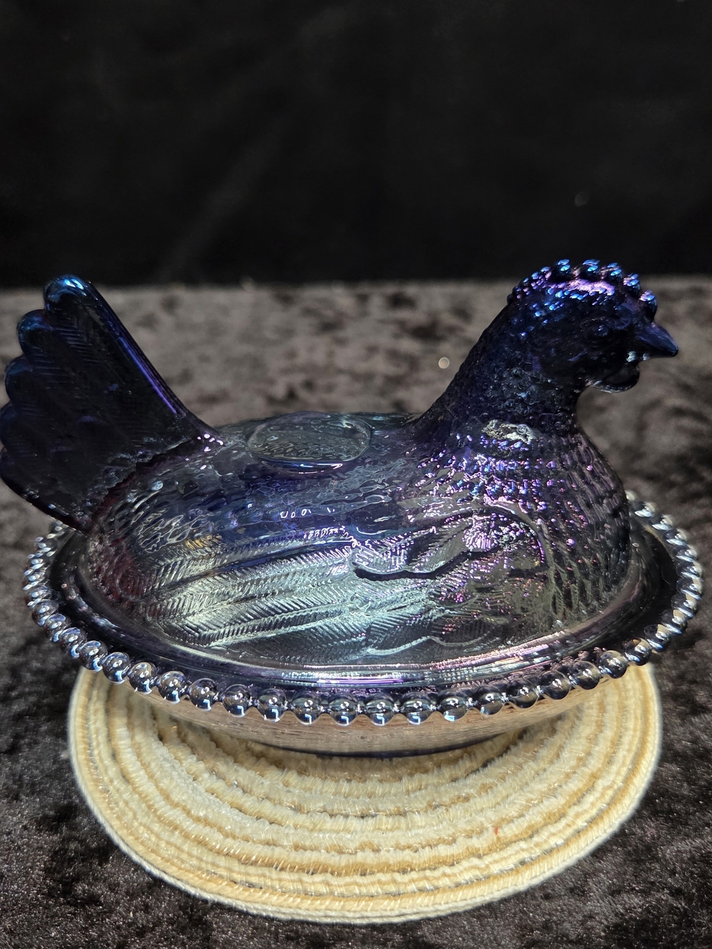 New Blue/Purple Iridescent Glass Hen on Nest Covered Dish Carnival Glass 5"